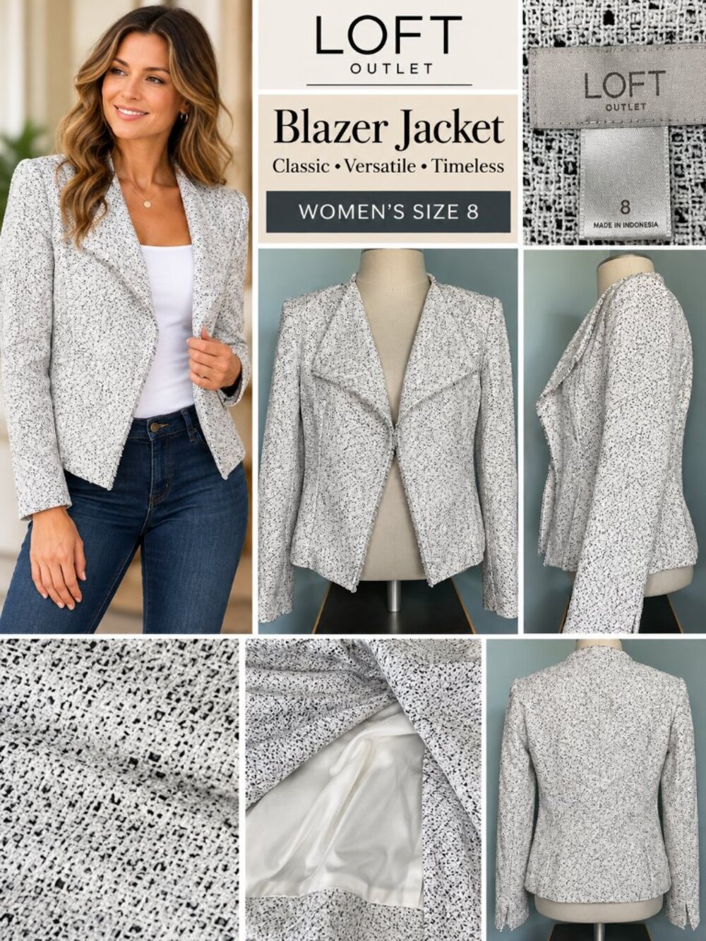 LOFT Outlet Women’s Size 8 White Black Speckled Tweed Blazer Jacket